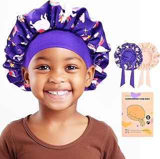 Lolalet 2 PCS Kids Bonnets for Girls, Silk Bonnet for Sleeping Reversible Satin Hat with Wide Elastic Band Night Sleep Caps for Teens Child Girls Curls Braids Natural Hair -Unicorn/Rainbow