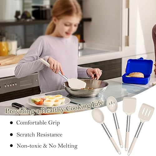 Miniatura 5 de TeamFar Utensilios de cocina, 4 piezas de utensilios de cocina de silicona, espátula con mango de acero inoxidable, para freír, mezclar, drenar,