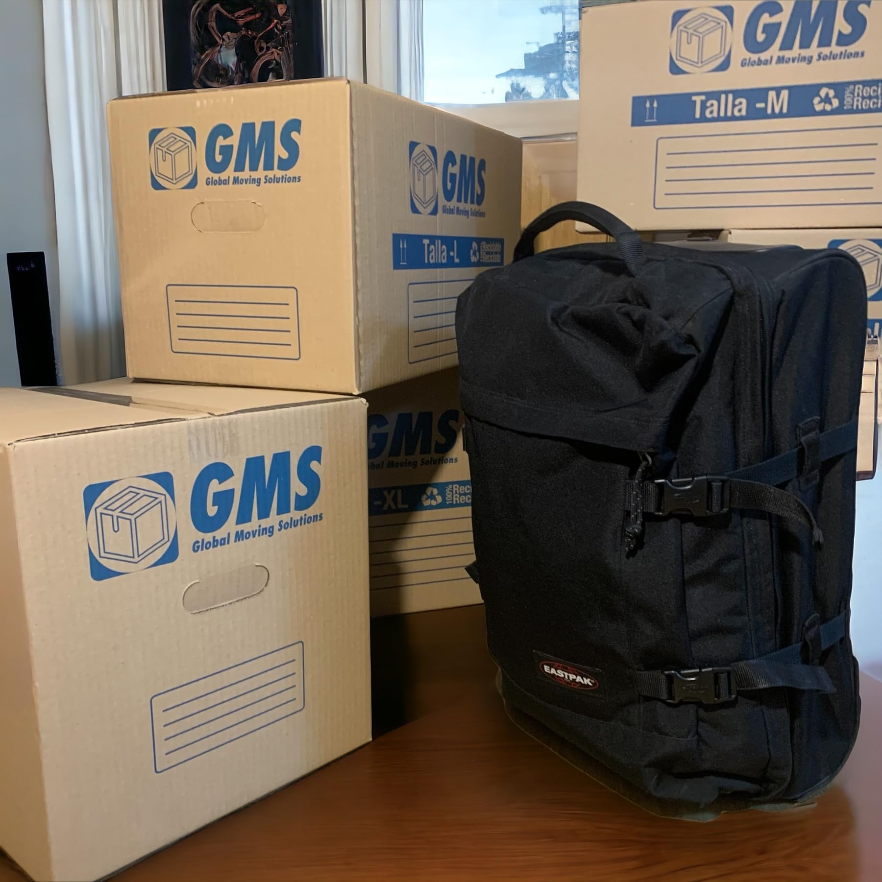 GMS - 20 Cajas Cartón Mudanza 50x30x30cm Talla L de 45L + Burbuja + Precinto Para Mudanzas y Almacenaje con Asas y Con Burbuja. Cartón Alta Resistencia (20Cajas 50x30x30cm + Burbuja+Precinto)