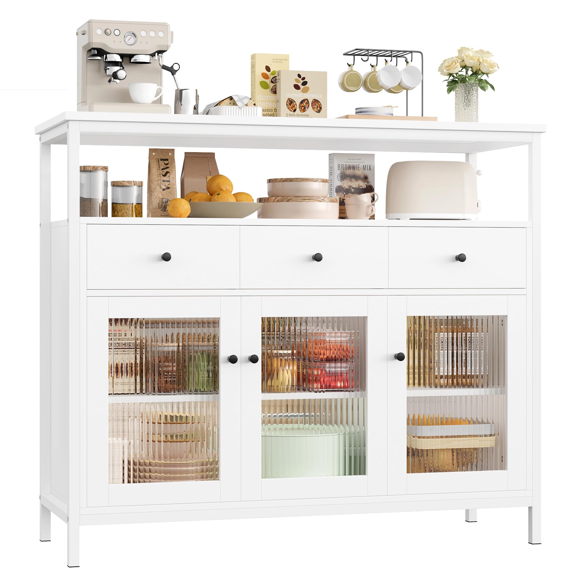 FirFurd Sideboard Küchenschrank mit Arbeitsplatte 3 Schubladen 3 Glastüren | Buffetschrank mit offenem Fach, Küchenbuffet mit Metallrahmen, für Wohnzimmer Küche Esszimmer, 108 x 38 x 98,5 cm