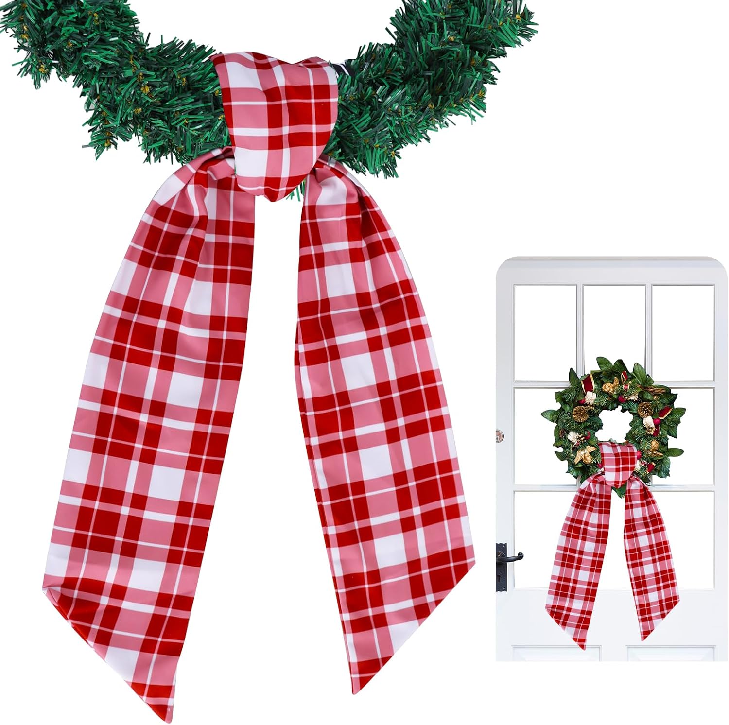 TONIFUL Wreath Sash for Front Door 4.5" x 56" Red Check Plaid Wreath Sash for Embroidery Garland Doorway Indoor Outdoor Wall Yard Ribbon Bow Christmas Party Home Decor