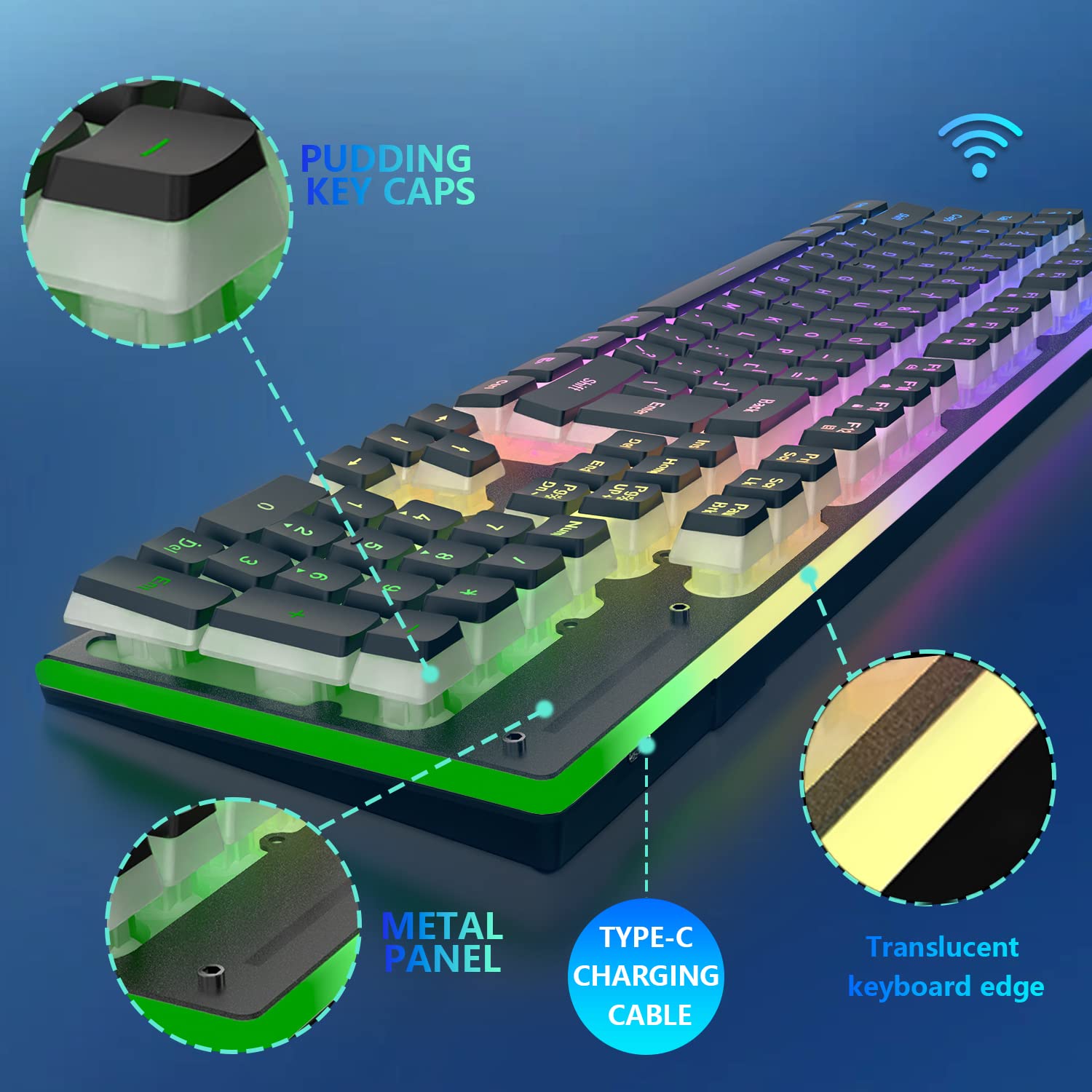 MAMBASNAKE L96 Kabellose Tastatur- Und Maus-Kombination Mechanisches Gefühl, Wiederaufladbare 3000mAh-RGB-Tastatur in Voller Größe Mit Pudding-Tastenkappen + Optische Mäuse Mit 4800 DPI, US Layout
