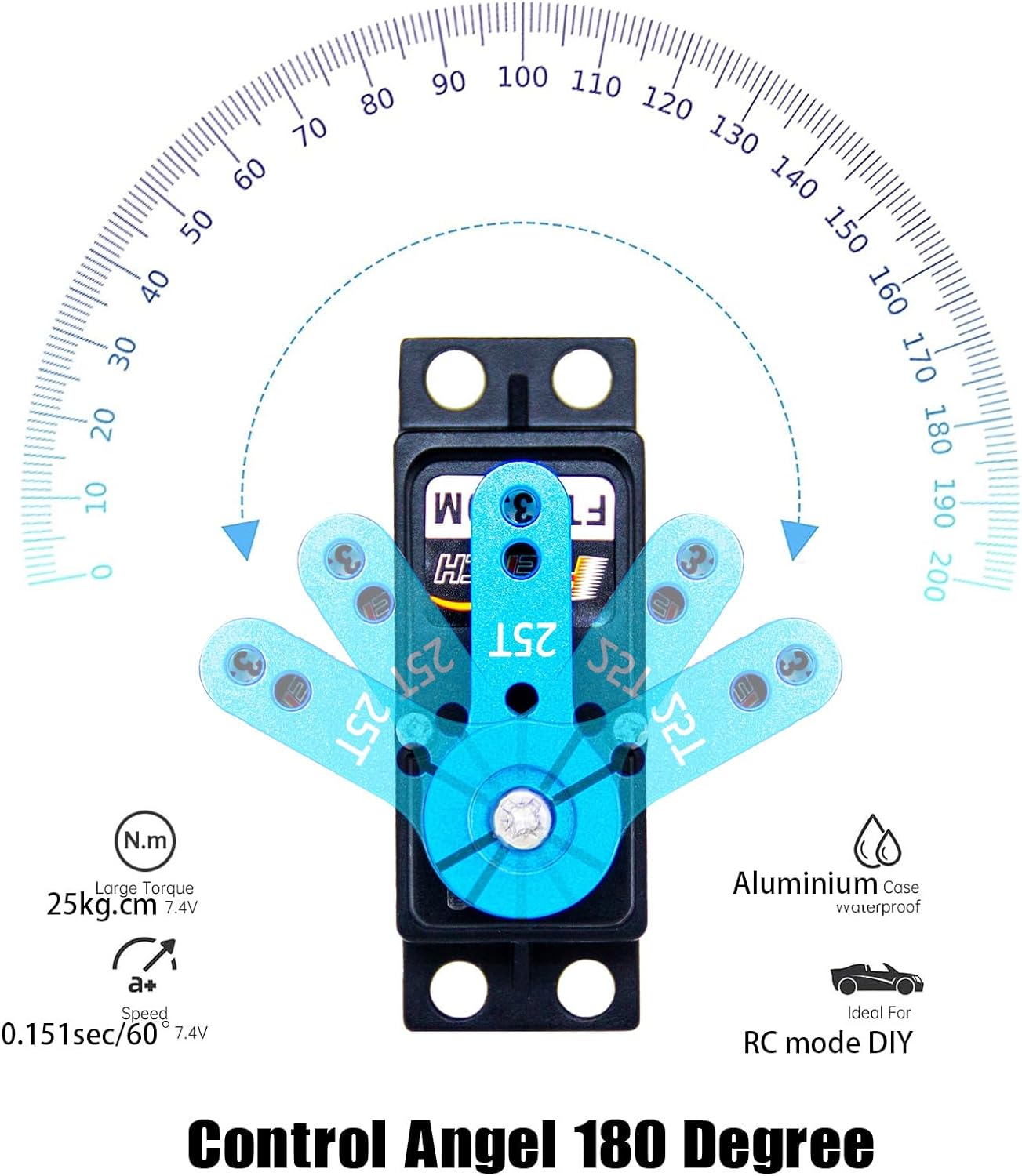 FEETECH RC Servo 25KG Servo Motor 7.4V High Voltage High Torque Waterproof Full Metal Gear Digital Servo, Aluminum Case, Control Angle 180° for 1/8 1/10 RC Cars, TRAXXS x4, Baja, RC4WD, GTR and More