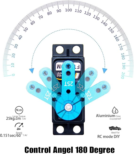 FEETECH RC Servo 25KG Servo Motor 7.4V High Voltage High Torque Waterproof Full Metal Gear Digital Servo, Aluminum Case, Control Angle 180 for 1/8 1/10 RC Cars, TRAXXS x4, Baja, RC4WD, GTR and More