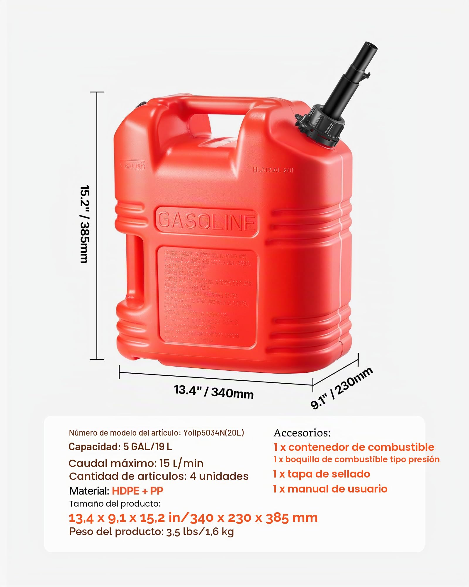 VEVOR Bidón de Gasolina de 19 L, Tanque de Combustible de HDPE y PP, con Pico y Escala, Caudal Máximo de 15 L/min, a Prueba de Fugas, para la Mayoría de Autos, Motocicletas, ATV, UTV, Rojo, 4 Piezas