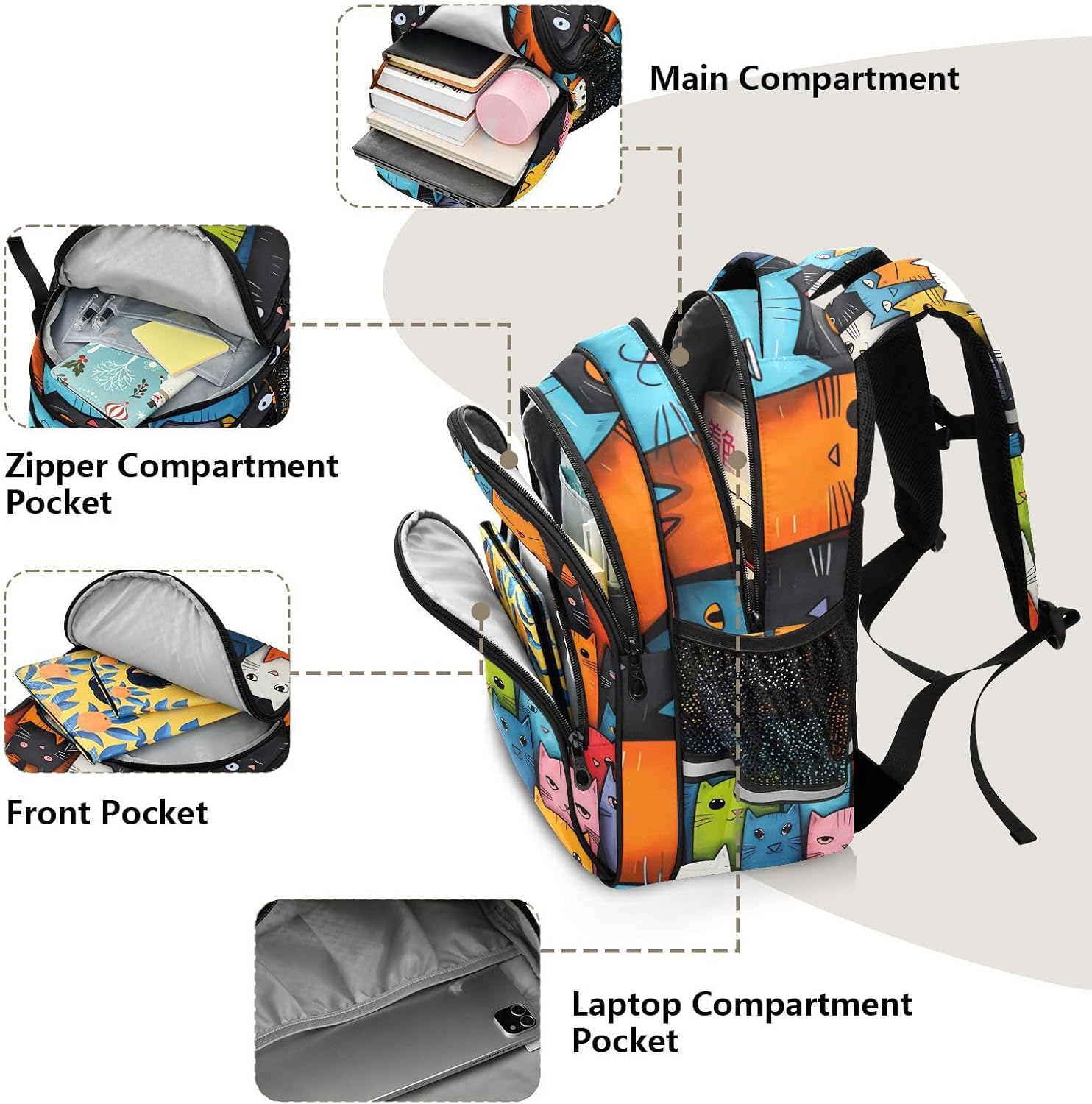Bright Colorful Cats School Backpack for Teen Girls Boys Light Weight Bookbags Elementary High School Water Resistant Laptop Bags Women Men Travel Daypacks,16.9" H