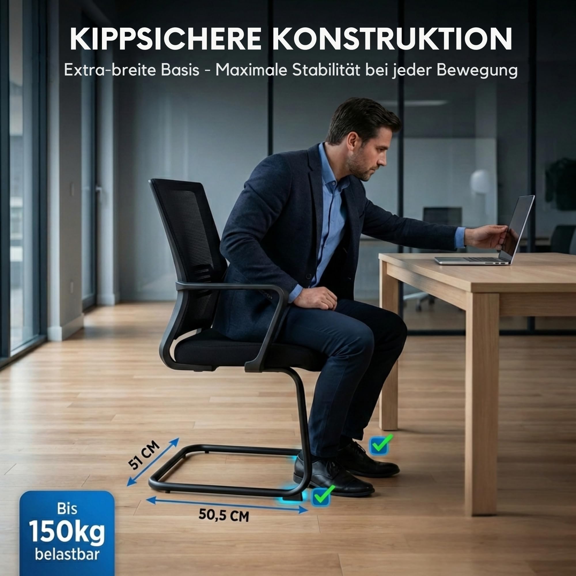 VALKENSTOL K1 Konferenzstuhl Freischwinger Schwarz mit Armlehne - Ergonomischer Besucherstuhl mit verstellbarer Lordosenstütze & Netzrücken - Robuster Bürostuhl ohne Rollen, Wasserabweisend, bis 150kg