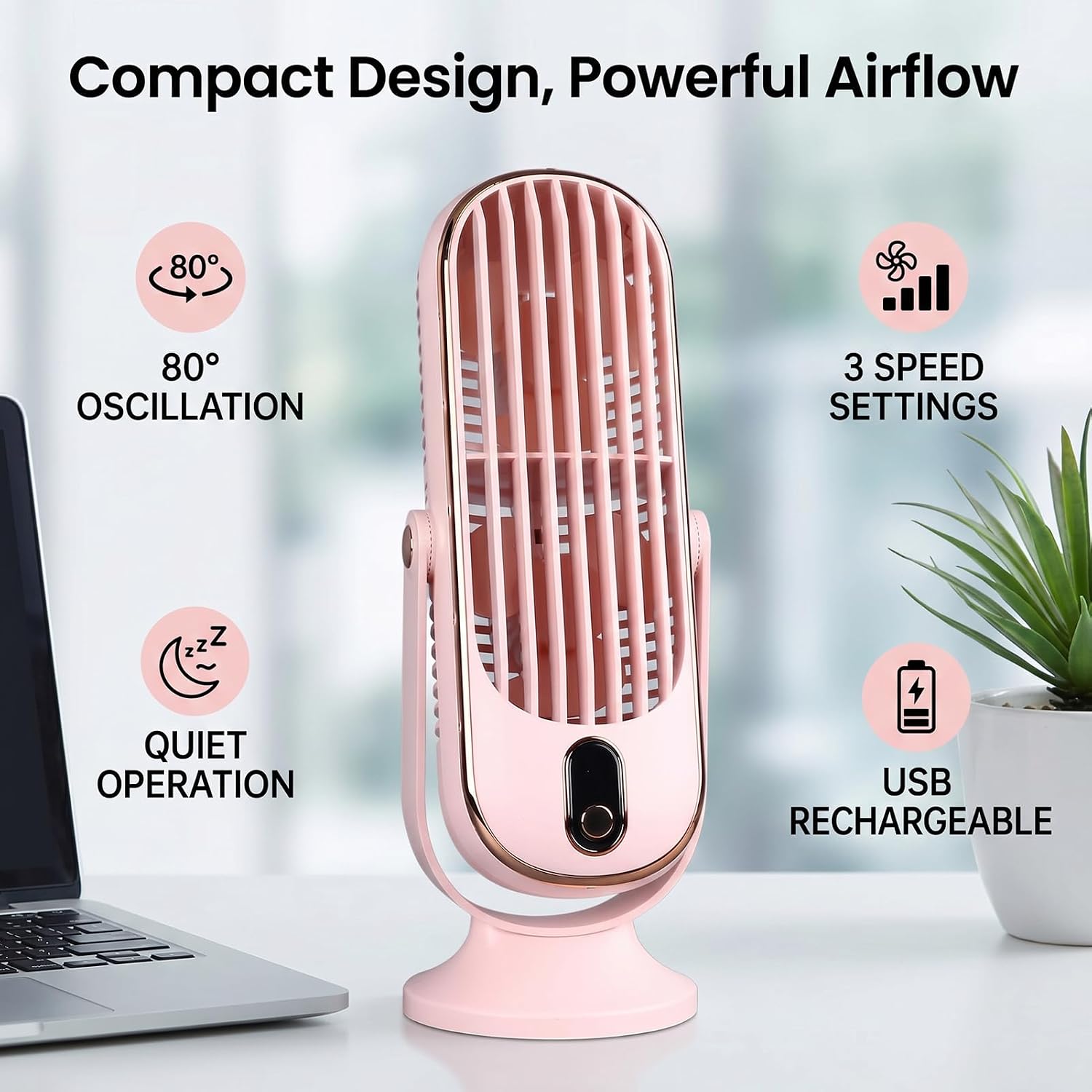 Table Tower Fan, 5 Speed Ultra Quiet 22dB USB Powered Compact Tower Fan with Turbo Airflow Detachable Blade, Portable Desktop Cooling Fan for Office Bedroom Outdoor (Pink)