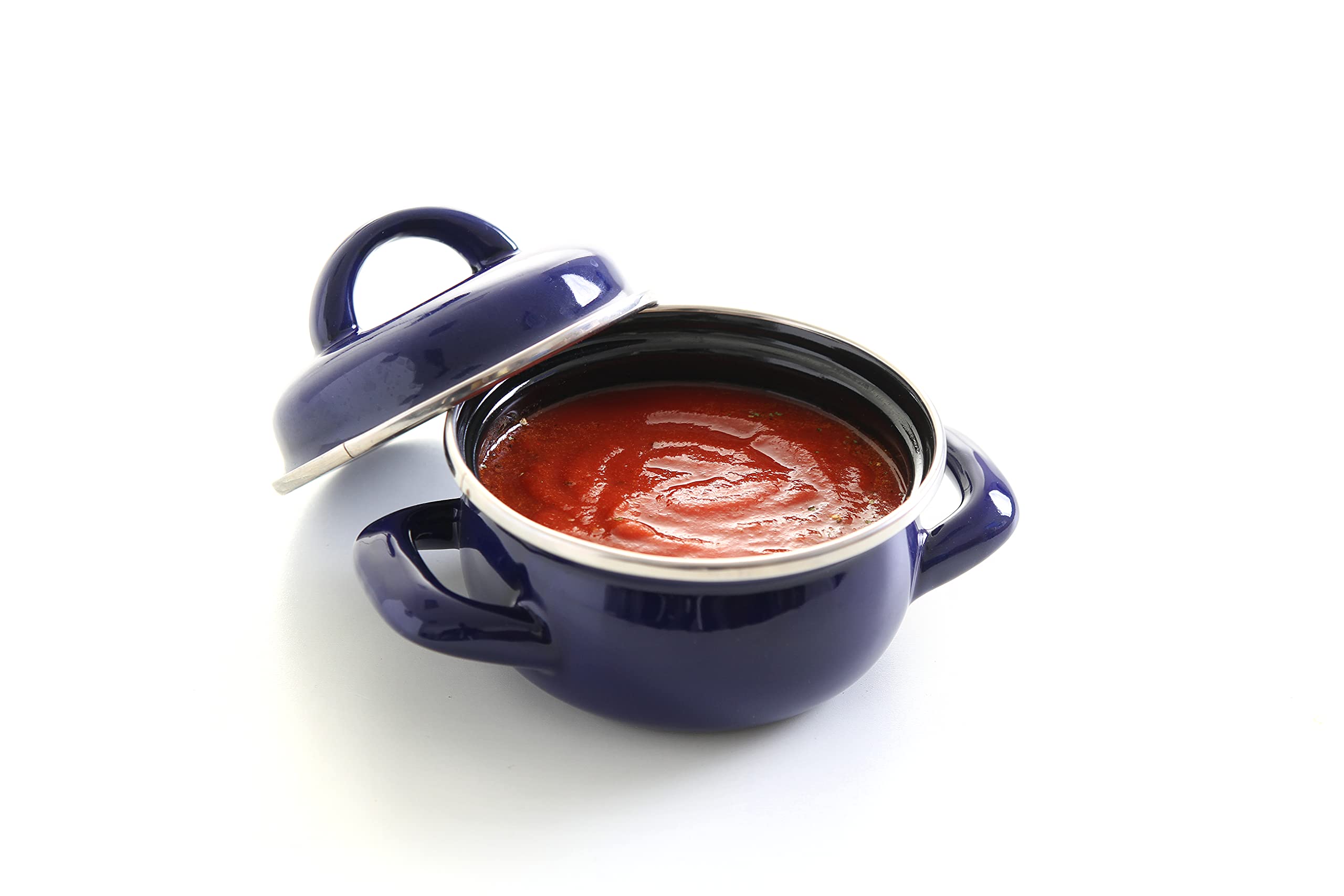 HENDI Pentola con coperchio, tegame per minestra sugo, casseruola per preparare porzioni singole e servire salse, adatta solo per cucine a gas, 0,3L, ø115x(H)90mm, smaltato blu con bordo in inox