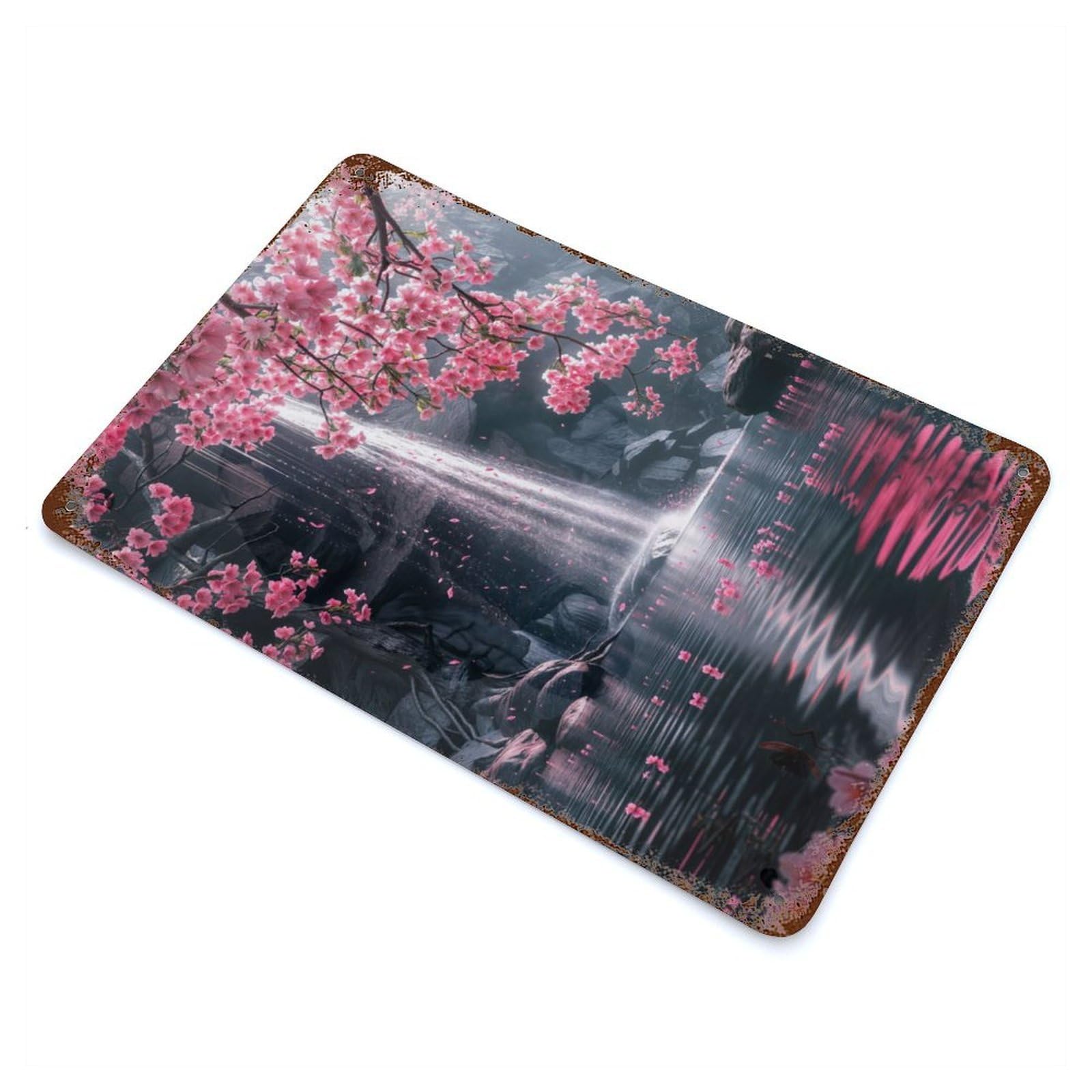 Japanese Sakura Bloom Rusty Metal Tin Sign 11.8"x7.9", Ideal for Farmhouse, Kitchen And Entryway Decor