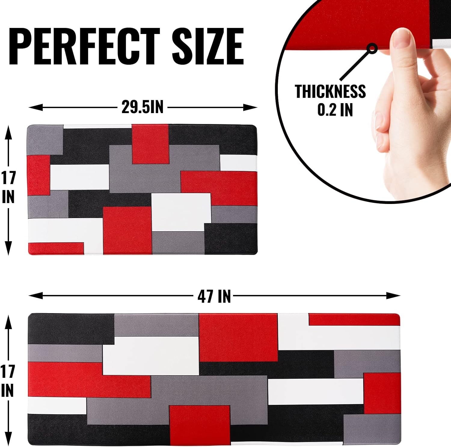 Black,White,Red and Grey Kitchen Rug Set 2 Piece Abstract Geometric Art Cushioned Abstract Modern Mats for Laundry (Geometric Art, 17.5"x29.5"+17.5"x47")