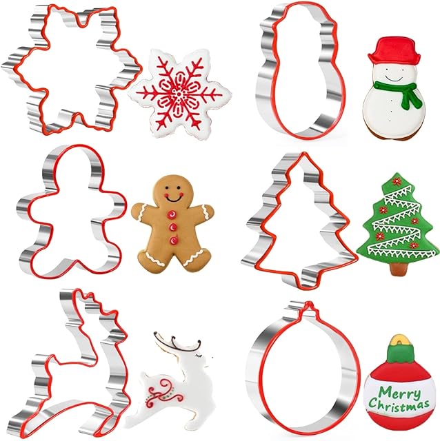 Crethink Christmas Cookie Cutter Set for Baking,Stainless Steel Biscuit Cutters with Comfort Grip,6 Pieces Fondant Cutters-Gingerbread Man,Snowflake,Snowman,Christmas Tree,Reindeer,Lantern