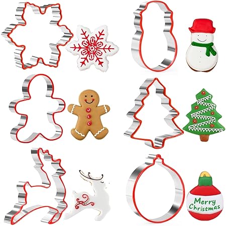 Crethinkaty Christmas Cookie Cutter Set for Baking,Stainless Steel Biscuit Cutters with Comfort Grip,6 Pieces Fondant Cutters-Gingerbread Man,Snowflake,Snowman,Christmas Tree,Reindeer,Lantern