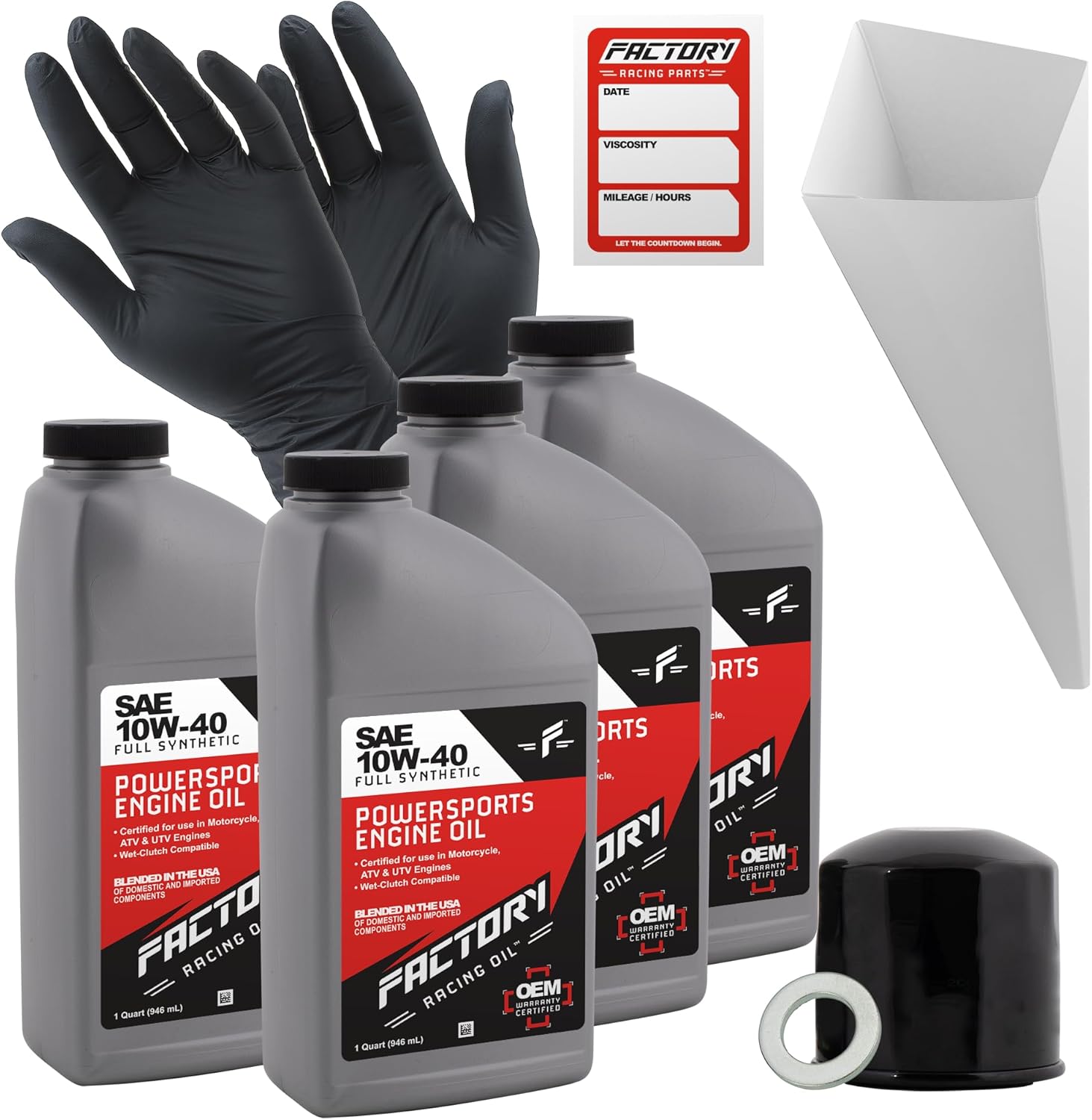 Factory Racing Parts Oil Change Kit compatible with Honda VF700C/F VF750C/F VF1000R VF1100C –Includes 4 Quarts of 10W-40 Full Synthetic Oil, 1 Filter, 1 Crush Washer, 1 Funnel, 1 Oil Change Sticker