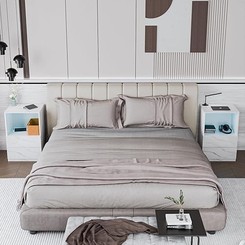 Miniatura 3 de HOMMPA Juego de 2 mesitas de noche LED con estante abierto con estación de carga, mesa de noche con 2 cajones, mesa de noche de mármol blanco de