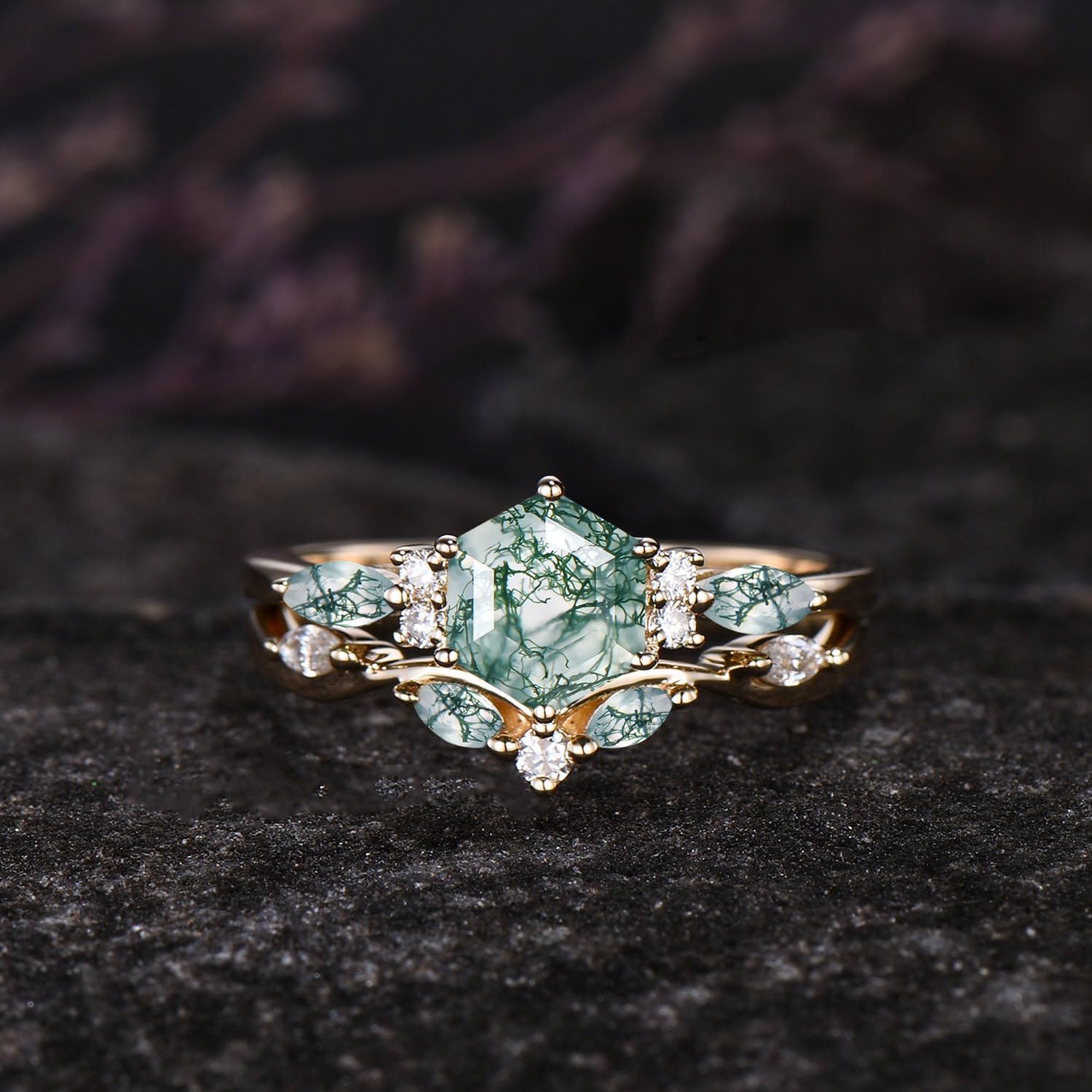10K 14K 18K Rose Gold 2CT Natural Moss Agate Engagement Ring Set for Women 925 Sterling Silver Genuine Hexagon Green Moss Agate Leaf Art Deco Bridal Wedding Ring Set (Size 4-15)-2
