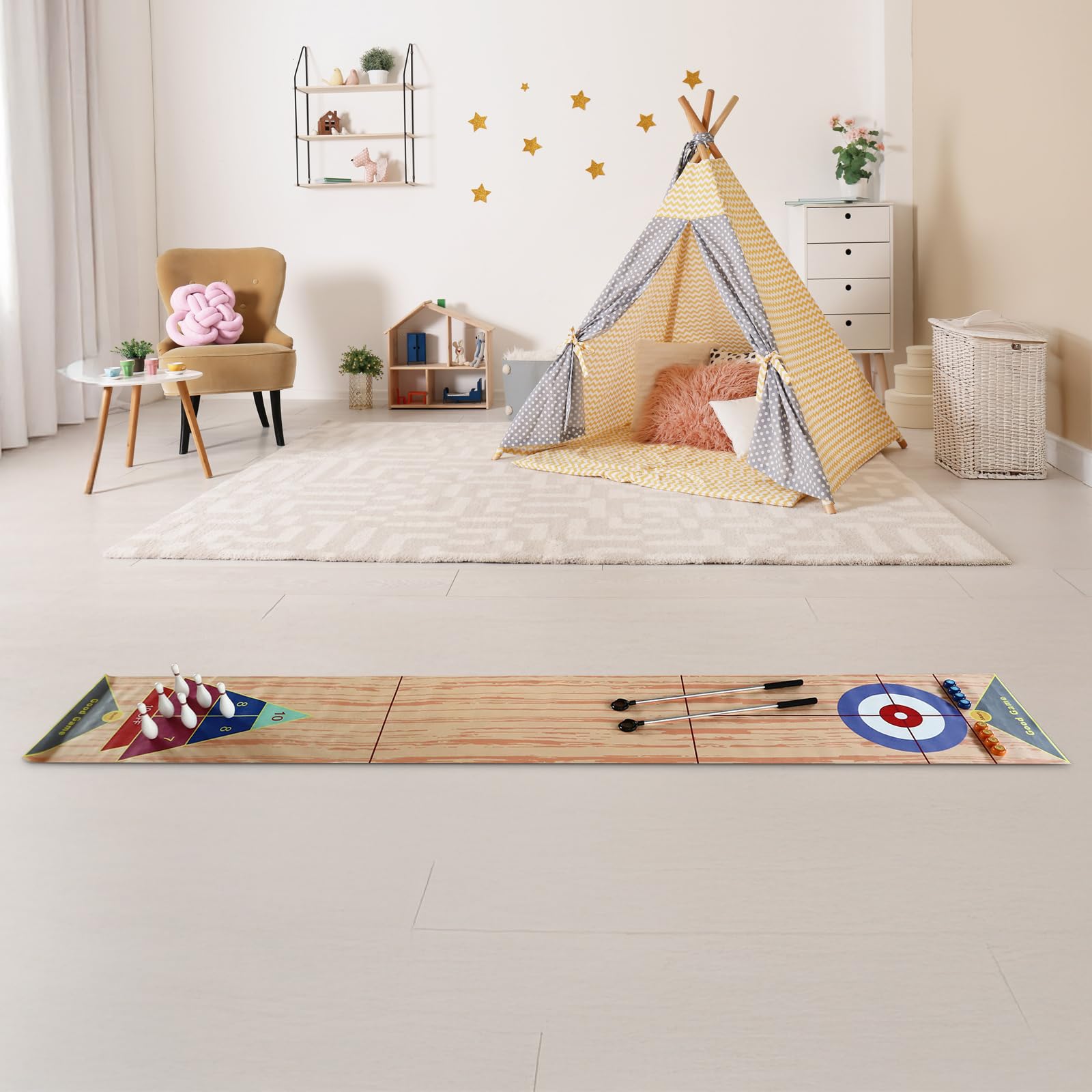 Gioco di quilling 3 in 1, 360 x 57 cm, portatile, gioco di birilli da tavolo, set di birilli da curling con 6 bowling e 2 putter per bambini, per feste di famiglia