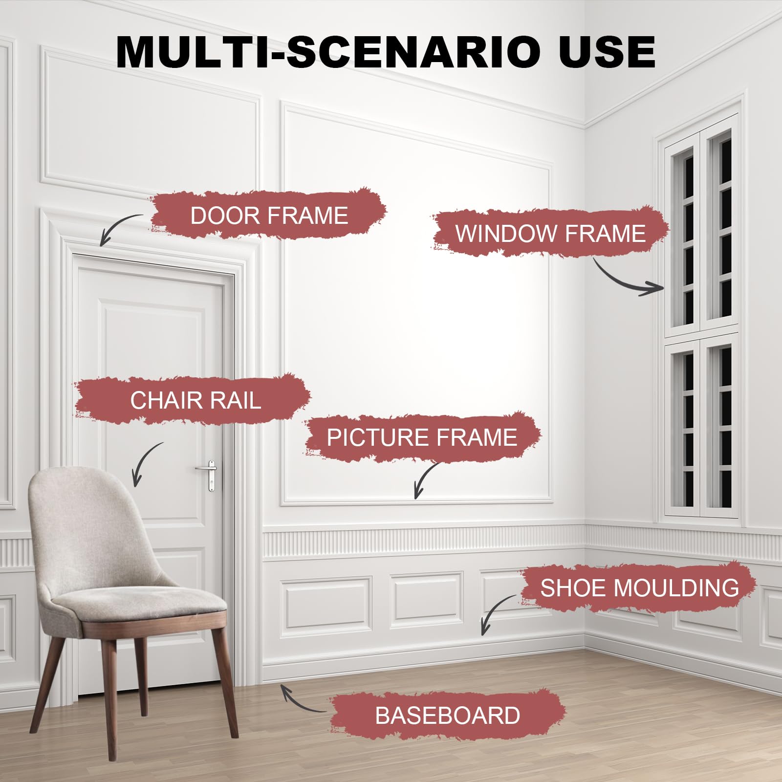 Storystore Moldura de paneles para despegar y pegar, tira de paneles de pared autoadhesiva, riel flexible para silla clásica para decoración del hogar (2,3 x 3 m, 2 rollos)