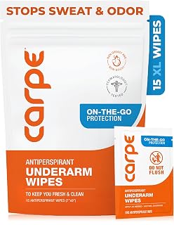 Carpe Antiperspirant Underarm Wipes for Sweat Blocking, Deodorizing, and Cleansing When You’re On the Move - 15 Residue Free, Individually Wrapped Wipes - Clean and Refreshing Scent