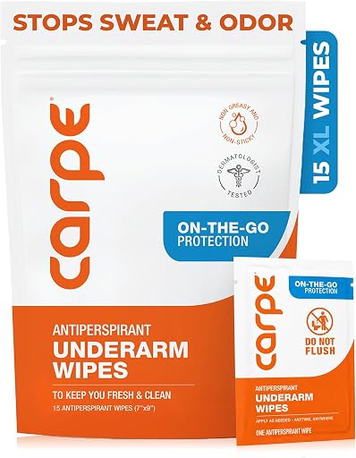 Carpe Antiperspirant Underarm Wipes, Clean & Refreshing - 15 Count | On-the-Go Antiperspirant Wipes, Sweat Blocking & Deodorizing, Clean & Refreshing Scent, Individually Wrapped, 15 Count