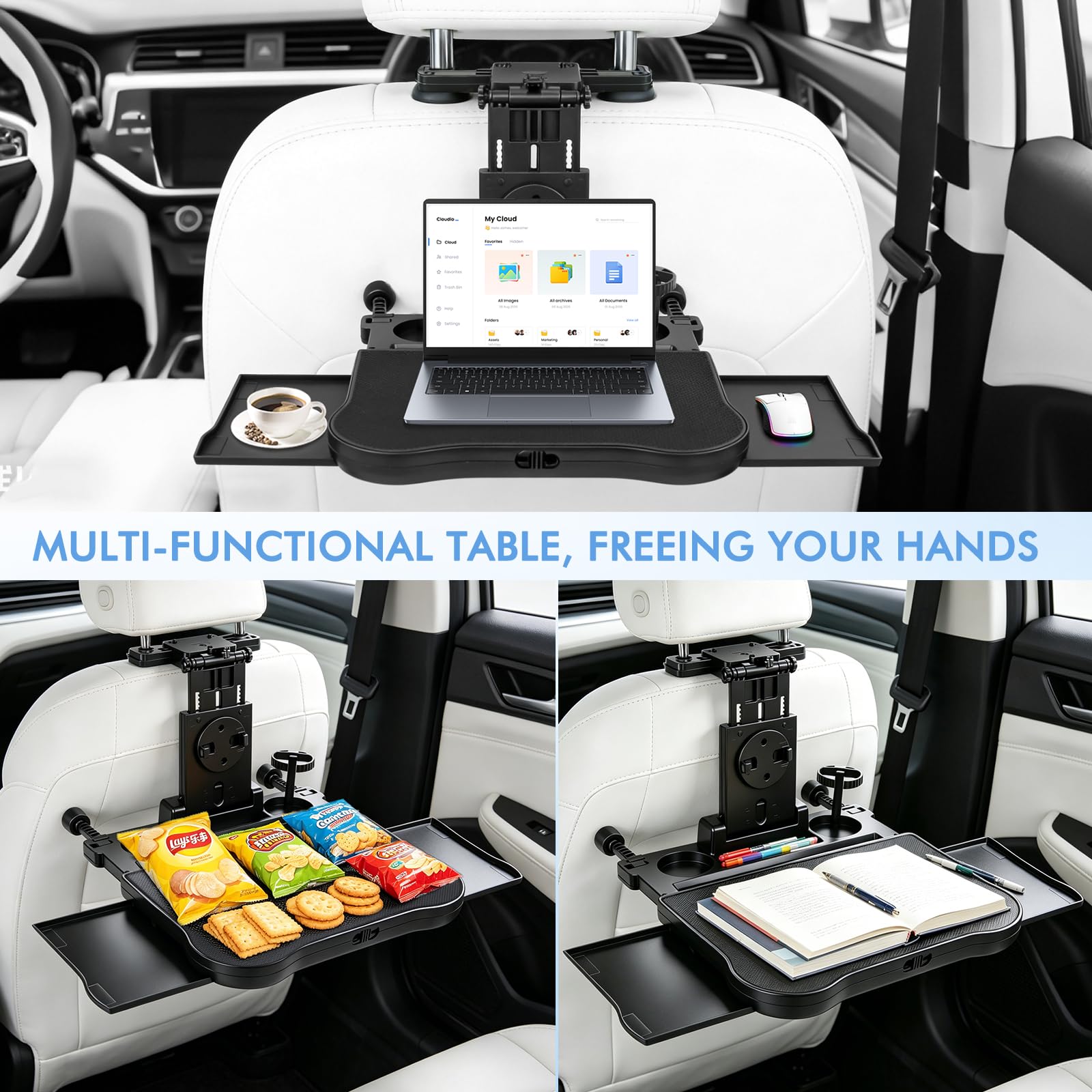 Tavolino Auto, Tavolo Da Pranzo Per Sedile Posteriore Passeggero con Portabicchieri e Supporto, Telescopico, Pieghevole, per Bambini, Viaggi, Lavoro, Pasti (Portata 20kg)