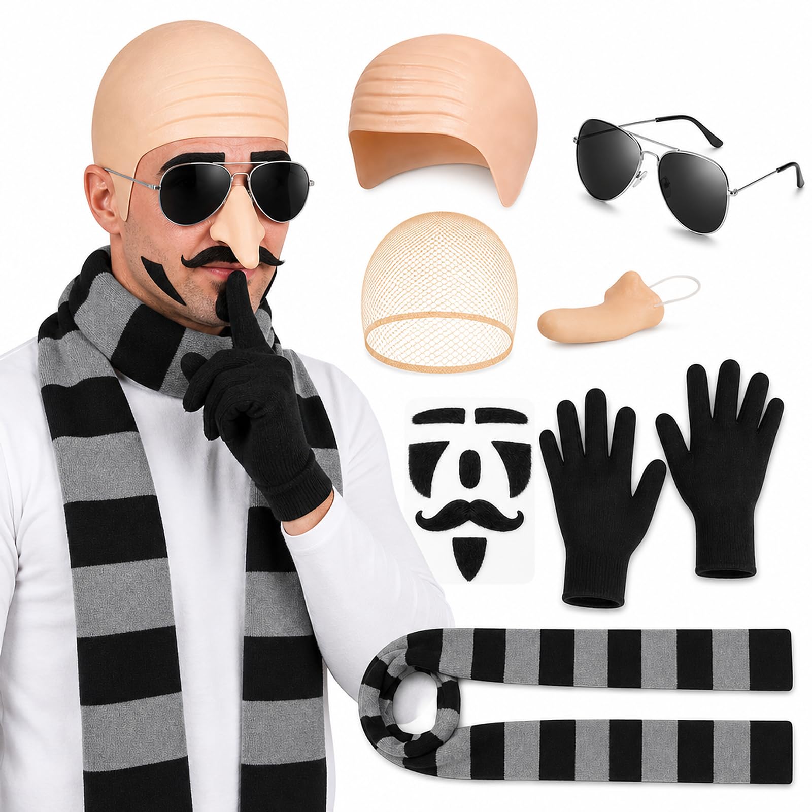 XLTXWD 7PCS Bald Cap, Bald Caps Set with Scarf, Sunglasses, Beard, Gloves
