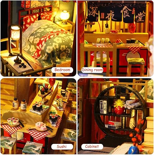 Miniatura 4 de Yuzhen Casa de muñecas en miniatura con muebles y luces LED mini restaurante de madera de estilo japonés incluye cubierta antipolvo y movimiento