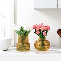 Vista 3 de Jarrones de vidrio acanalado, juego de 2 jarrones estriados para flores, florero de vidrio ámbar para tulipanes, jarrón moderno para sala de estar