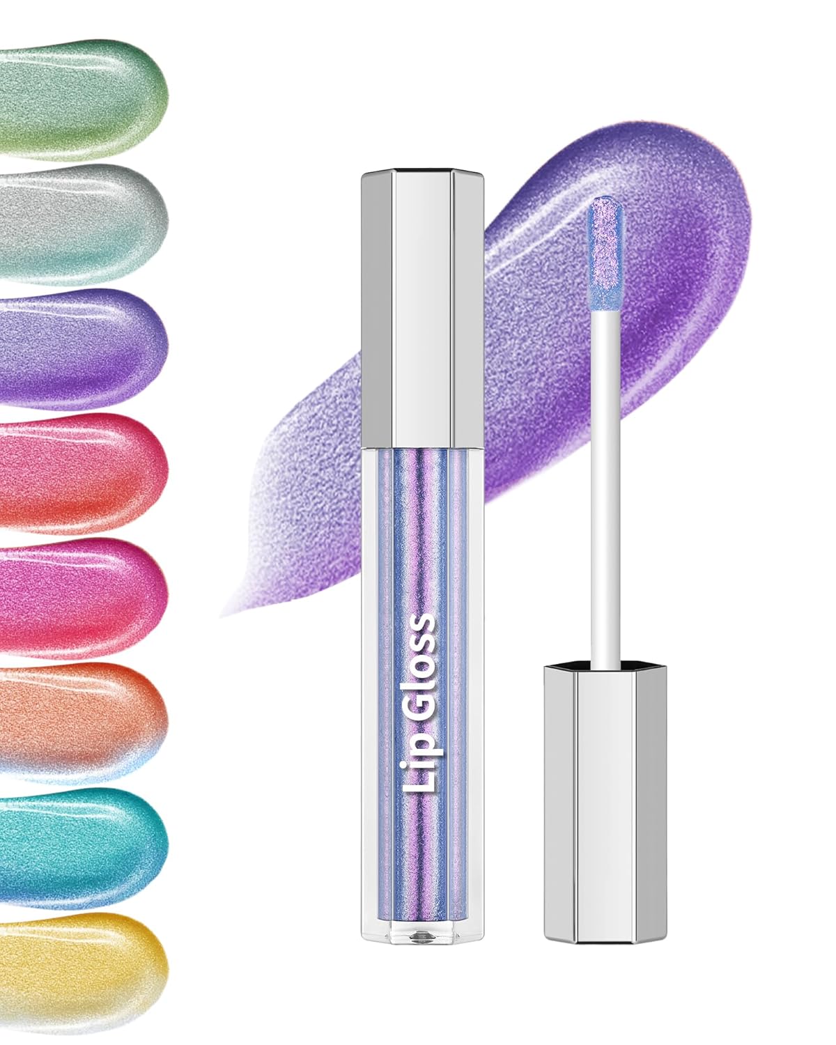 Purple Glitter Liquid Lip Gloss Lipstick, Waterproof Long Lasting Metallic Lip Gloss for Women, Highly Pigment Holographic Diamond Shimmer Chameleon Lipstick Makeup Thanksgiving Gift, Non-Stick -03