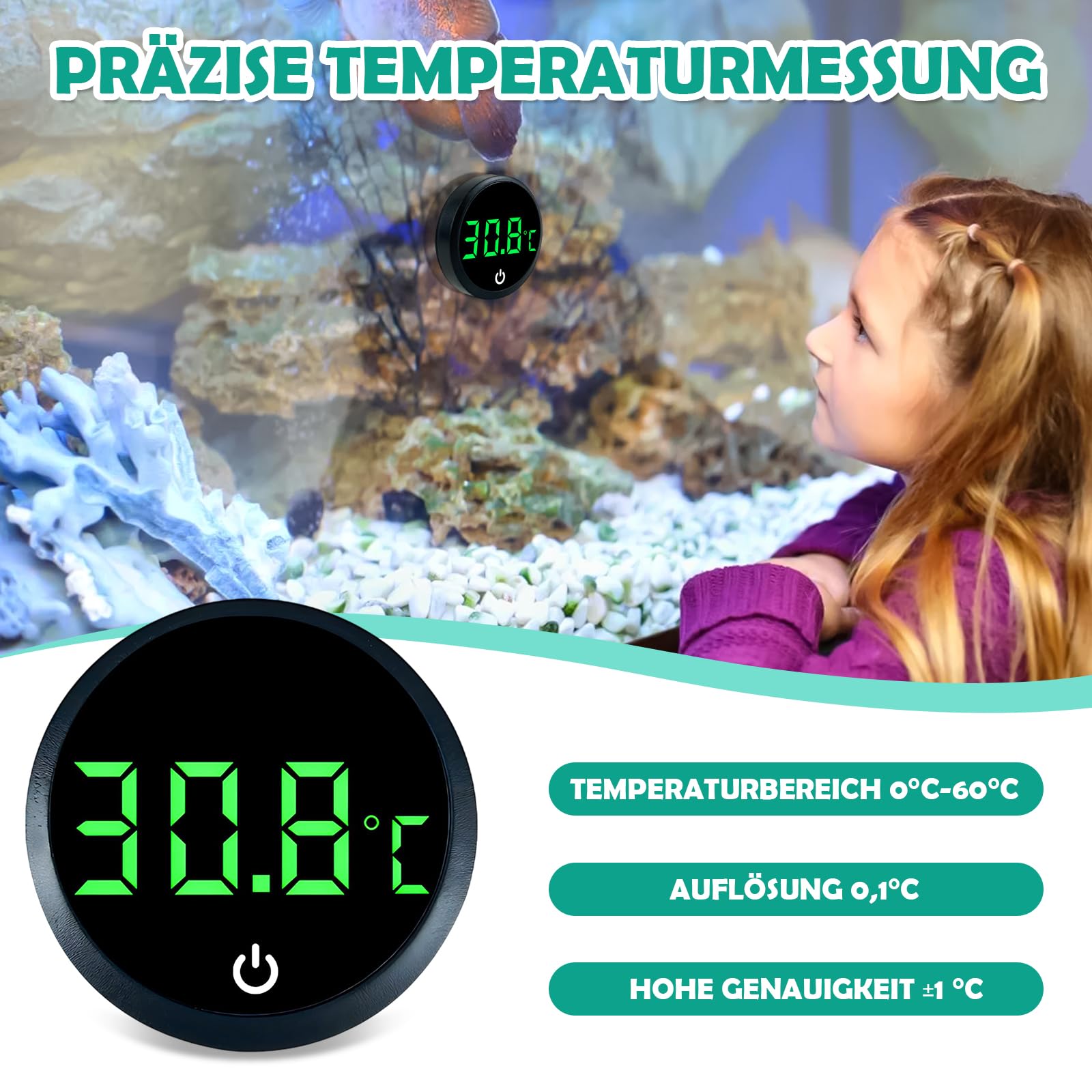 Set van 4 digitale mini-aquariumthermometers met led-display en hoge