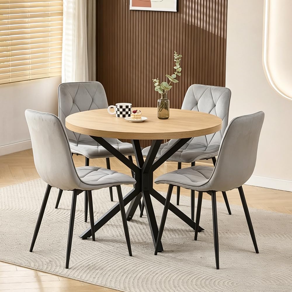 Rainbow Tree Large Round Dining Table and Chairs Set 4, 95cm Wooden Kitchen Table and 4 Diamond Tufted Chairs for Dining Room, Space Saving Dining Table Set