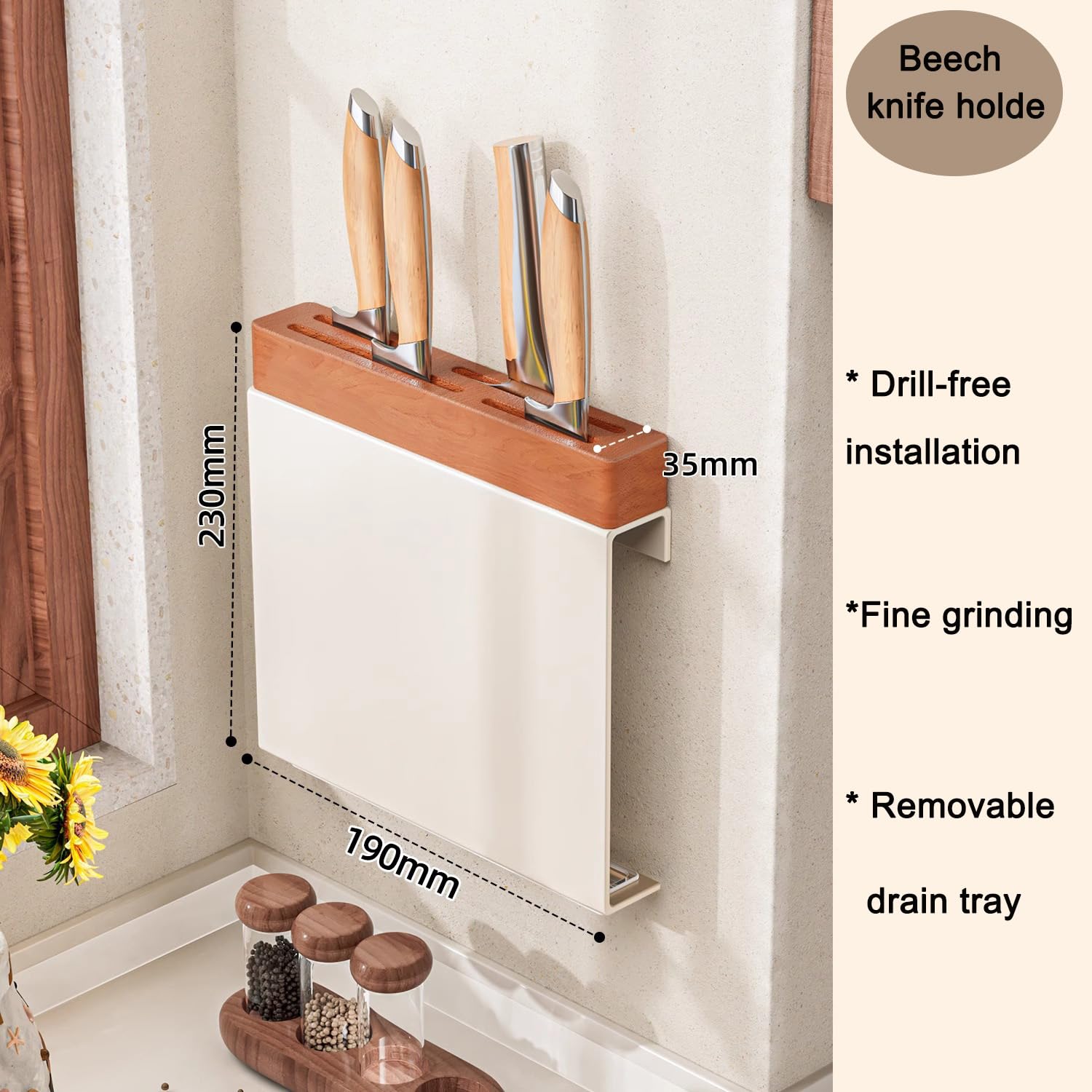 Dxcaicc Knife Holder for Wall, Knife Storage Wall Mounted No Drill, Universal Knife Holder with Tray for Fruit/Kitchen/Boning Knife And Kitchen Scissors, Load 2.5KG,A,13 Inch