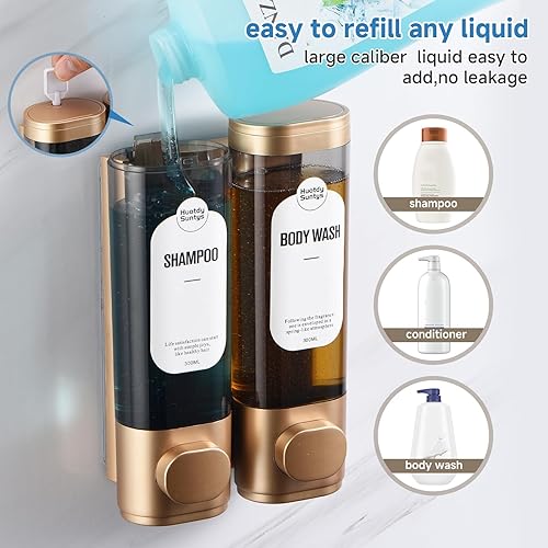 Miniatura 4 de Dispensador de champú y acondicionador, dispensadores de jabón de ducha recargables, 2 cámaras, sin taladro, dispensador de champú para ducha