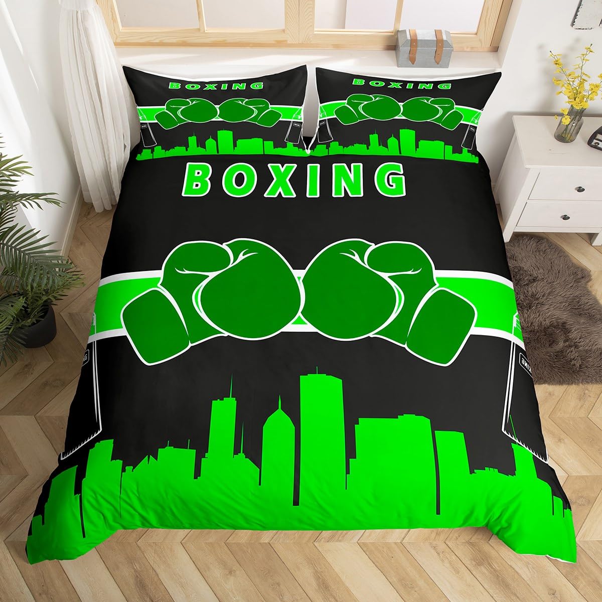 Homewish Green Boxing Gloves Comforter Cover Pugilism Game Bed Set for Kids Boys Girls, Green Black Duvet Cover Boxing Bedding Sets Double, Boxing Sport Theme Bedspread Cover Ultra Soft 3pcs