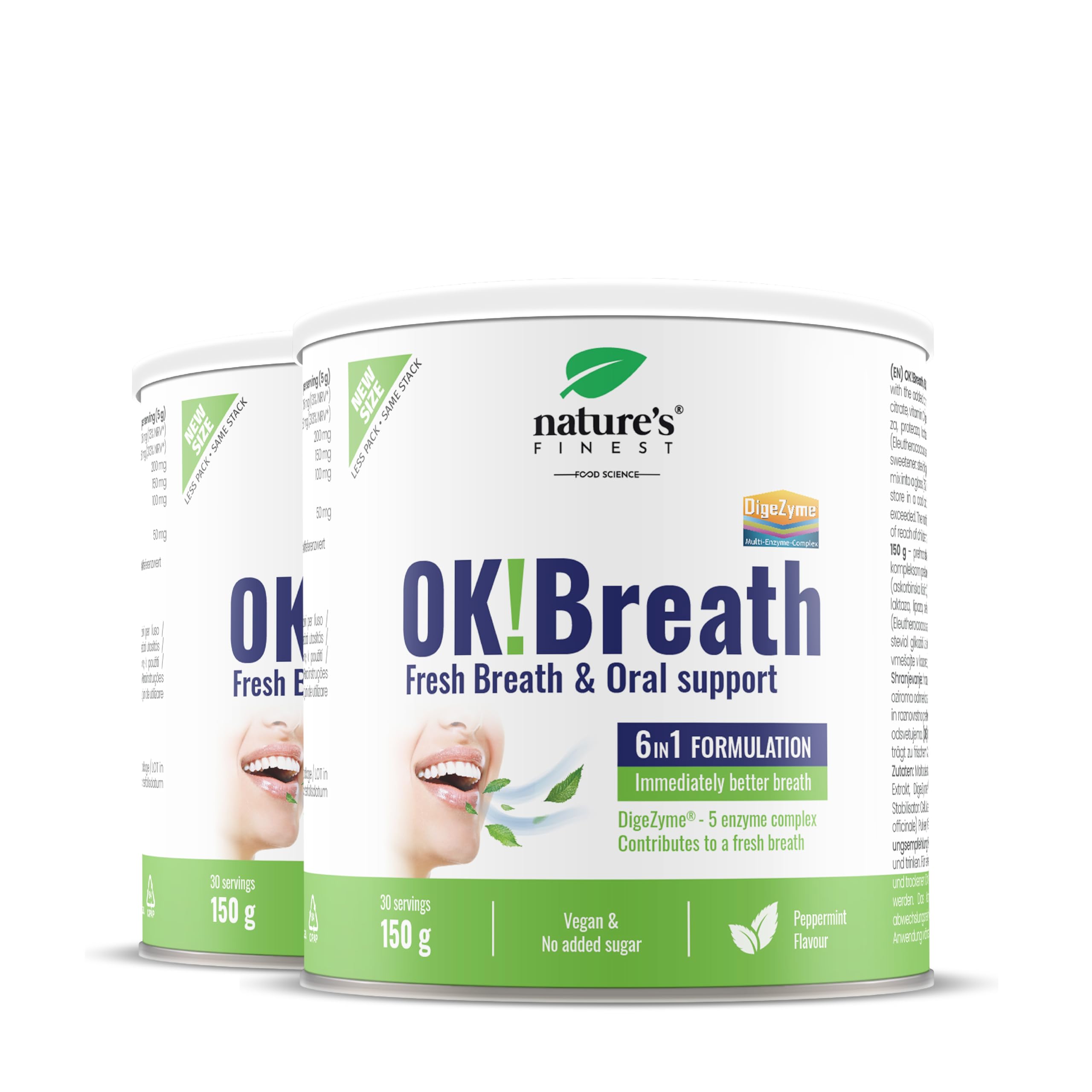 Nature's Finest OK!Breath, Bebida en Polvo 300 g (Paquete de 2) | bebida en polvo 6 en 1 con tomillo, DigeZyme, ginseng siberiano, jengibre, calcio y vitamina C - sabor limón y menta