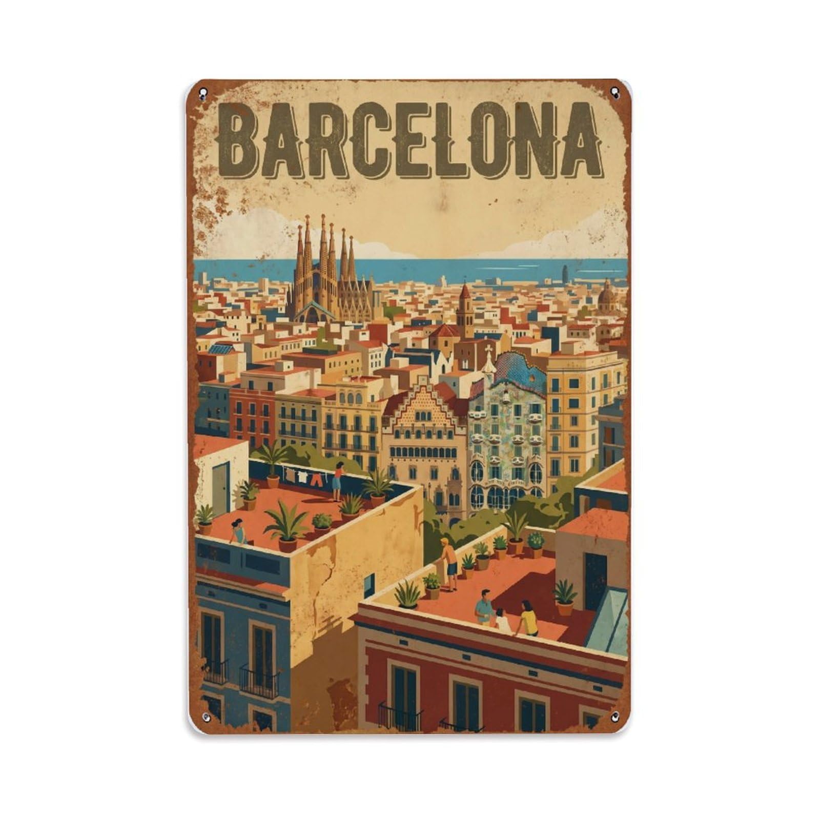 Vintage Travel Terraces Spain Rooftop Metal Tin Sign Plaque Wall Decor for Cafe, Club Bar, Office, Home Garden Metal Poster 8x12Inch