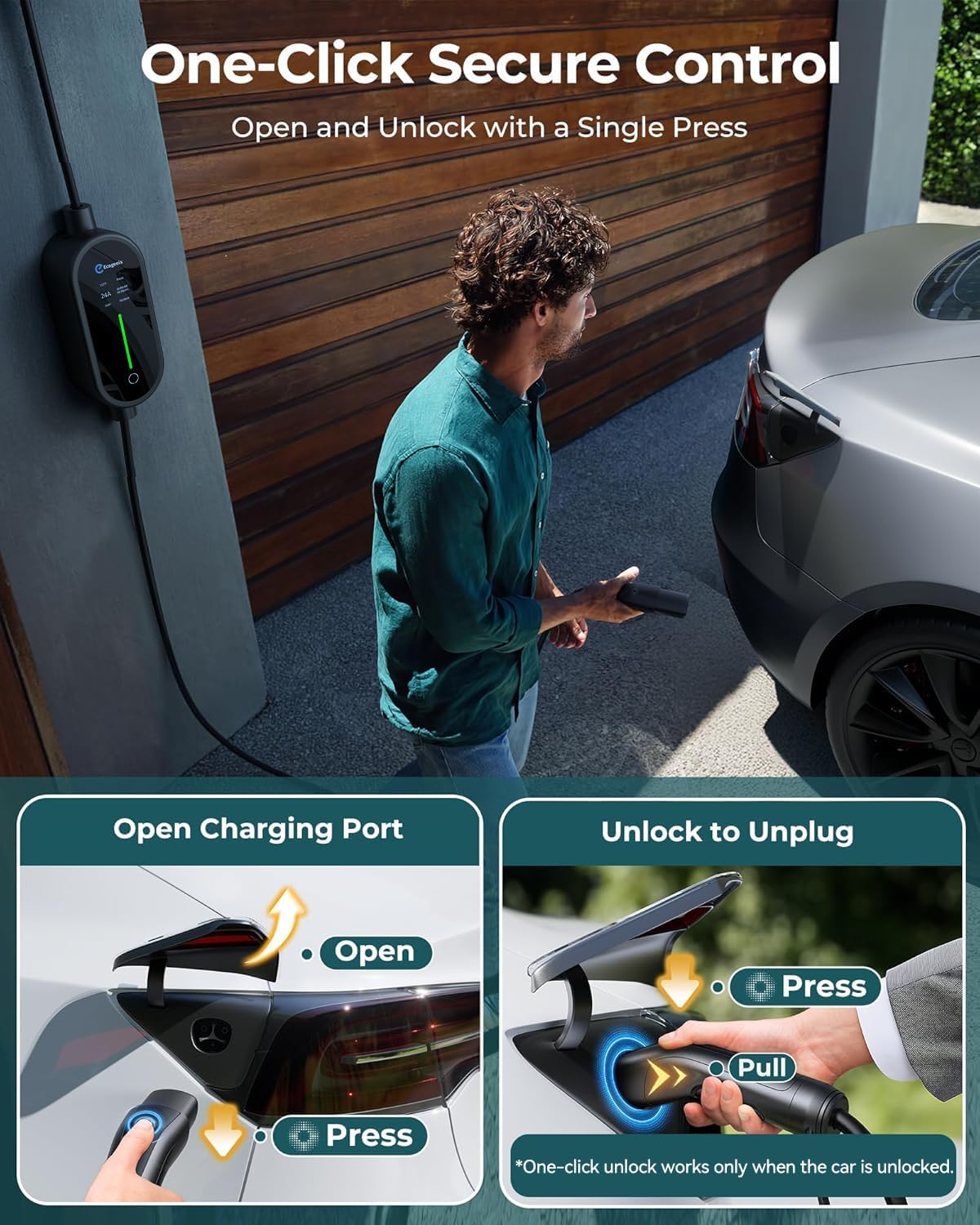 Ecogenix Level 2 Tesla Home Charger, 24A/240v Dryer Outlet Portable Mobile Charging Cable for Model 3/Y/S/X, Adjustable Amps, Apartment-Friendly, 25ft Tesla Universal Connector with NEMA 14-30 Plug