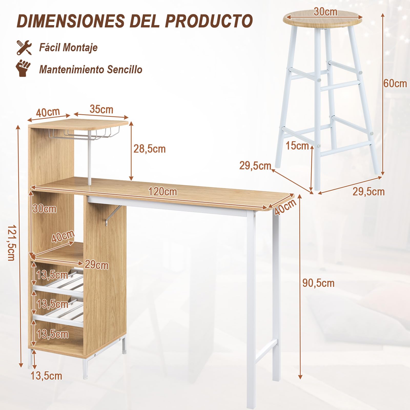 RELAX4LIFE Juego de Mesa Comedor de 3 Piezas, Mesa de Comedor con 2 Taburetes de Bar, 3 Estantes, Soportes para Copas y Portabotellas de 2 Niveles, Mesa Alta Cocina de MDF, 120x40x121,5cm (Natural)