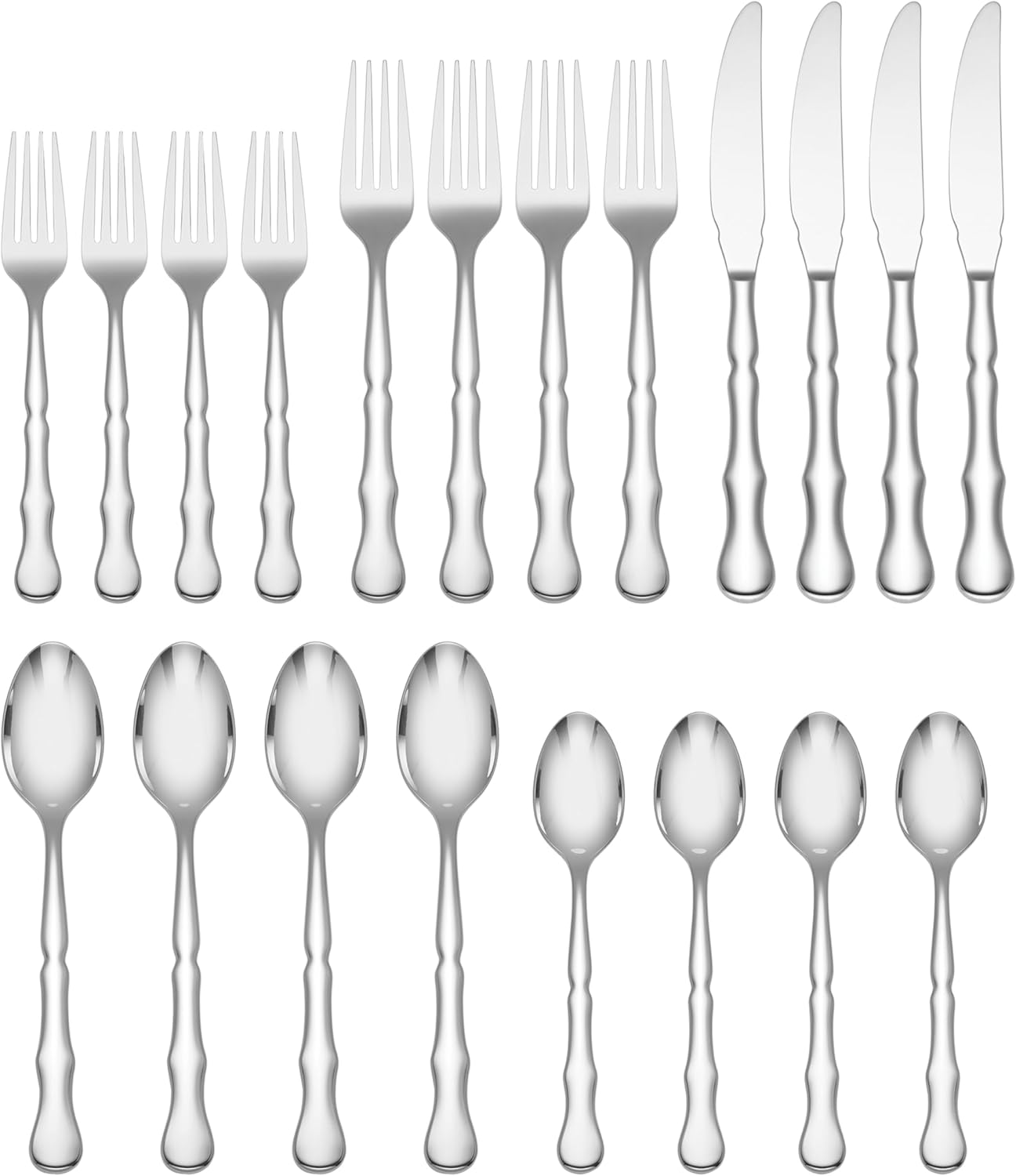 Cambridge Silverware Set, Amaryllis Mirror 18/10 20 Piece Set, Service For 4, 18/10 Stainless Steel, Flatware Cutlery Sets, Dishwasher Safe, Knives Spoons And Forks, Utensils Sets (Silver, 20 Pieces)