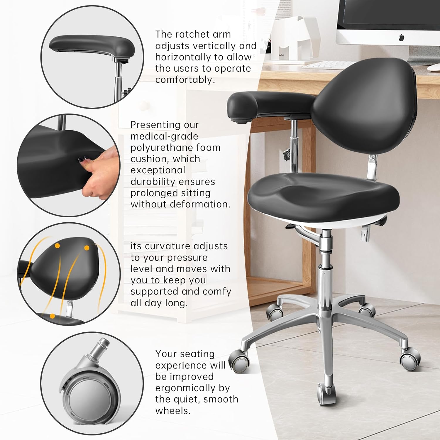 Dental Assistant Chair PU Leather with Swivel Armrests, Rolling Dental Chair, Ergonomic Swivel Dentist's Stool with Backrest for Clinics, Tattoo, Home and Laboratory - Black