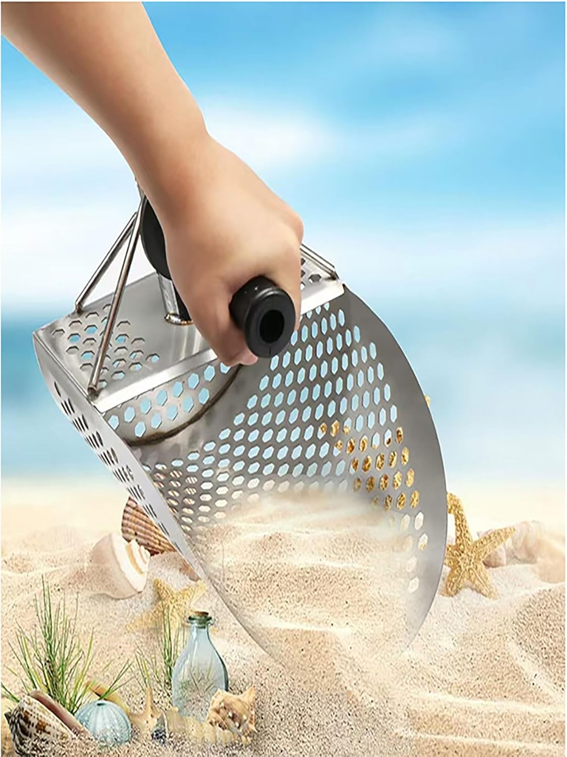 Heavy Duty Stainless Steel Sand Scoop Shovel Sand Scoop Metal Detecting with Detachable 55inch Long Handle Beach Shovel Multipurpose Metal Detector Scoop for Sand Sifting and Treasure Hunting