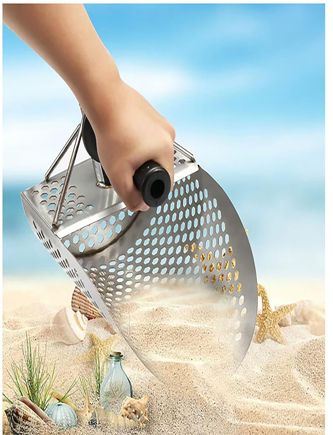 Sand Scoop Metal Detecting with Detachable 55inch Long Handle Beach Shovel Heavy Duty Stainless Steel Sand Scoop Shovel Multipurpose Metal Detector Scoop for Sand Sifting and Treasure Hunting