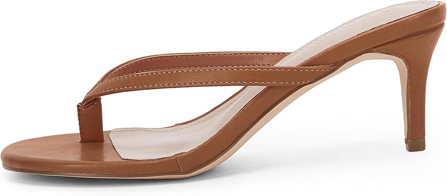 Coutgo Women's T Strap Flip Flops Thong Slip On Heeled Sandals Slide Kitten Heel Comfortable Shoes 5 Brown