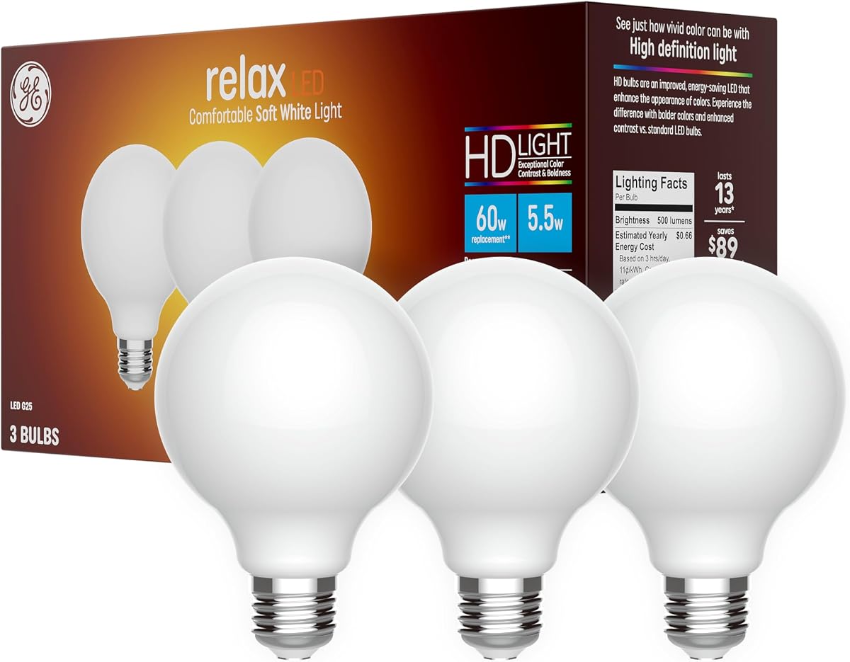 GE Relax LED Light Bulbs, 60 Watt, Soft White, G25 Globe Bulbs, Frosted, Medium Base (3 Pack) | Bathroom vanity globe bulbs, 60-watt Replacement, medium base, frosted finish, soft white glow, energy-saving LED, 3 pack