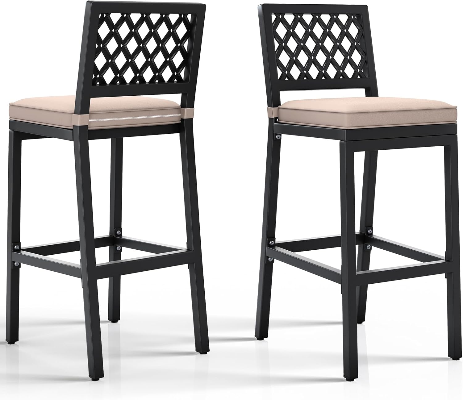 YITAHOME Outdoor Bar Stools Set of 2, Cushioned Metal Outdoor Bar Stools w/Rhombus Back, All-Weather Patio Bar Stools for Balcony Backyard Porch Poolside