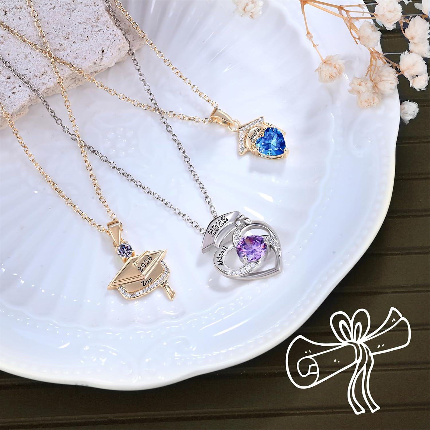 LucySky Custom Graduation Necklace for Women 925 Sterling Silver Graduation Necklace With Birthstone Grad Cap Pendant Class of 2026 Graduation Gift for Her