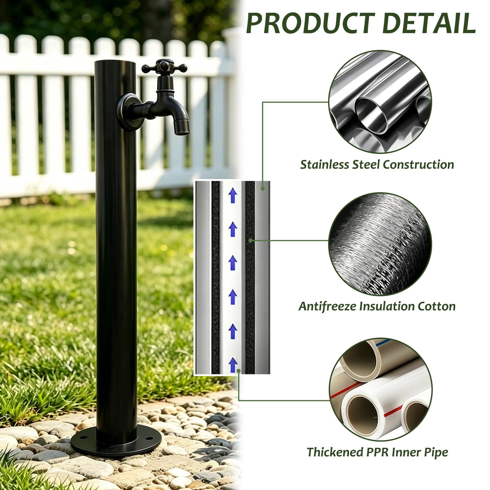 Grifo Exterior Vertical Negro | Columna de Agua de Jardín de Acero Inoxidable 304 | Grifo de Poste Montado en el Suelo Hidrante de Patio Anticongelante para Césped, Jardinería