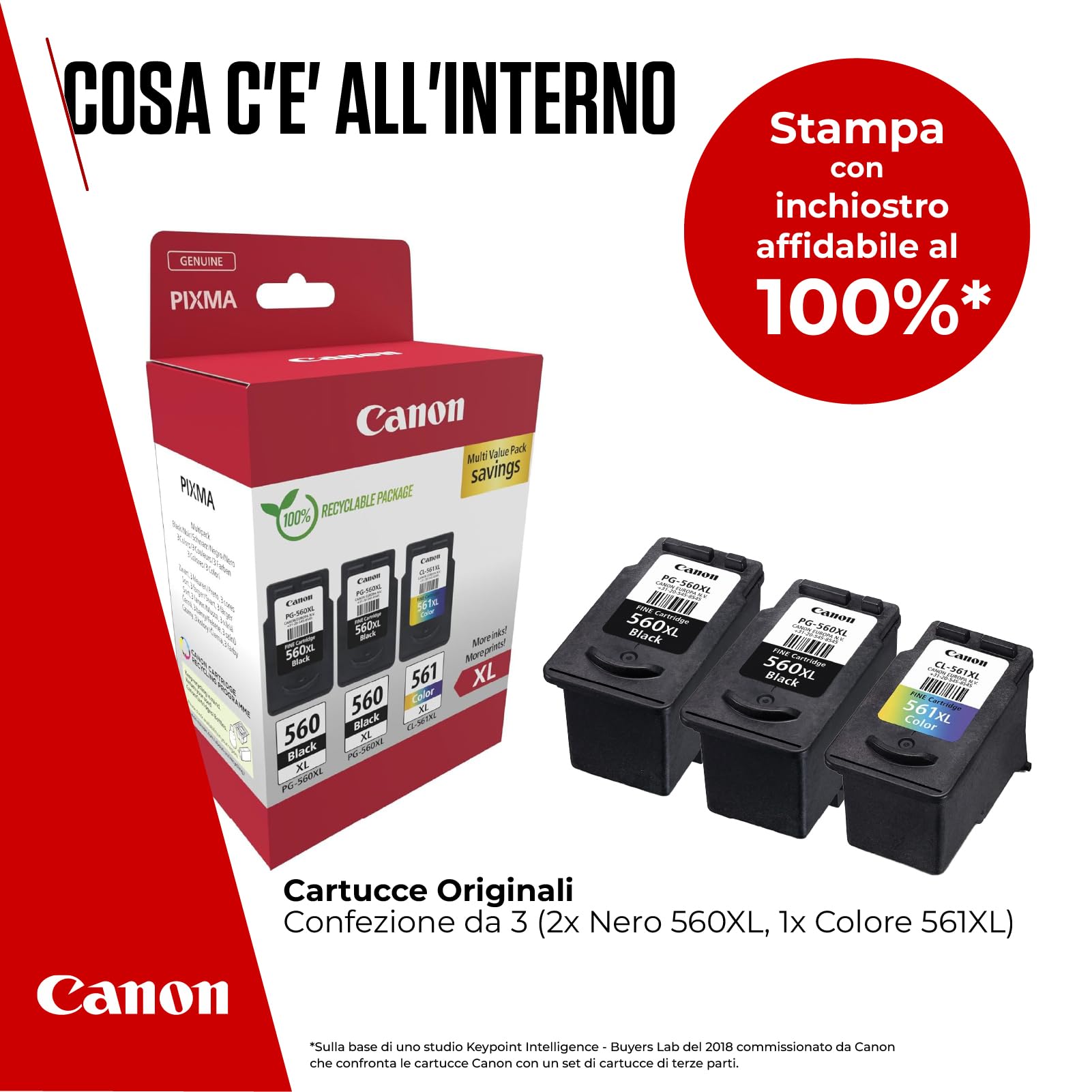 Canon Cartuccia 3 Cartucce per Stampante Originali ad Alta Capacità PG-560XL/CL-561XL (2 x Nero, 1 x Colori)