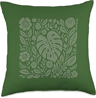 Monstera Plant Botanical Folk Art Minimalist Nature Inspired Throw Pillow