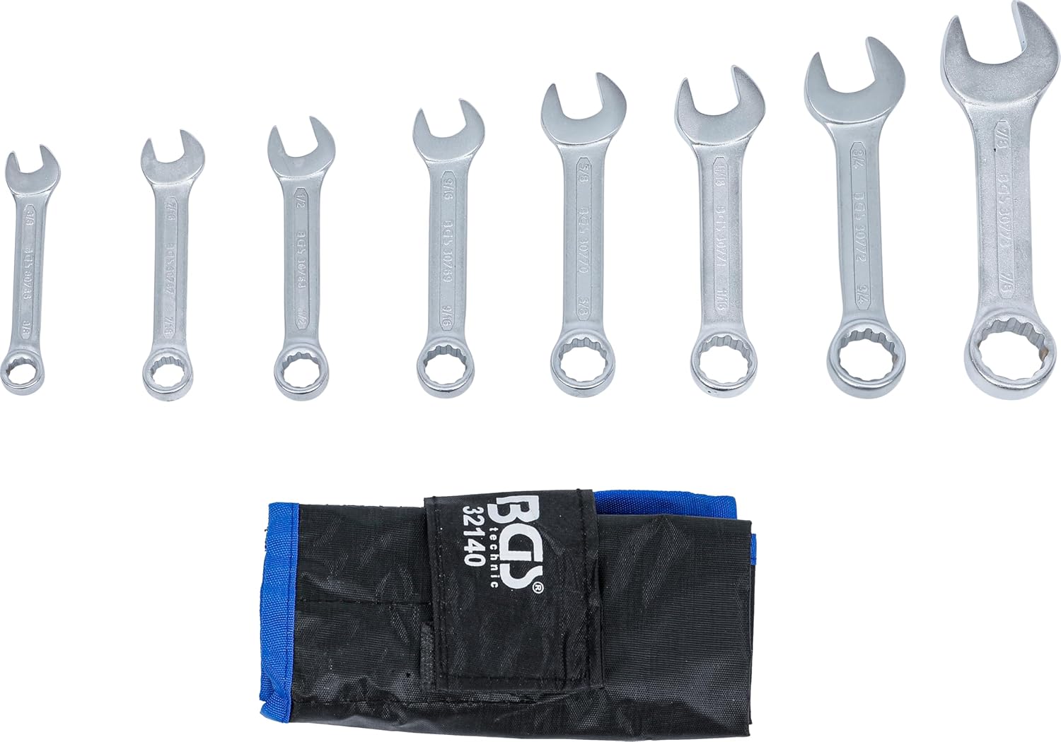 BGS 32140 Combination Spanner Set, Inch Sizes, Extra Short, 3/8 inch – 7/8-Inch, 8 Pieces